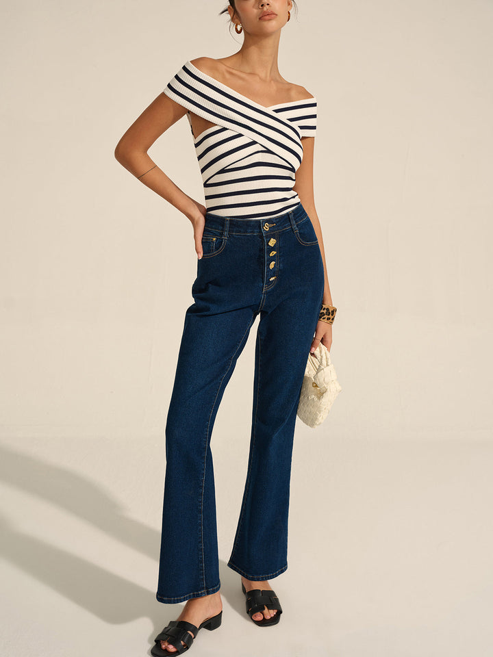 Pantalon Évasé en Métal Décoratif en Jean
