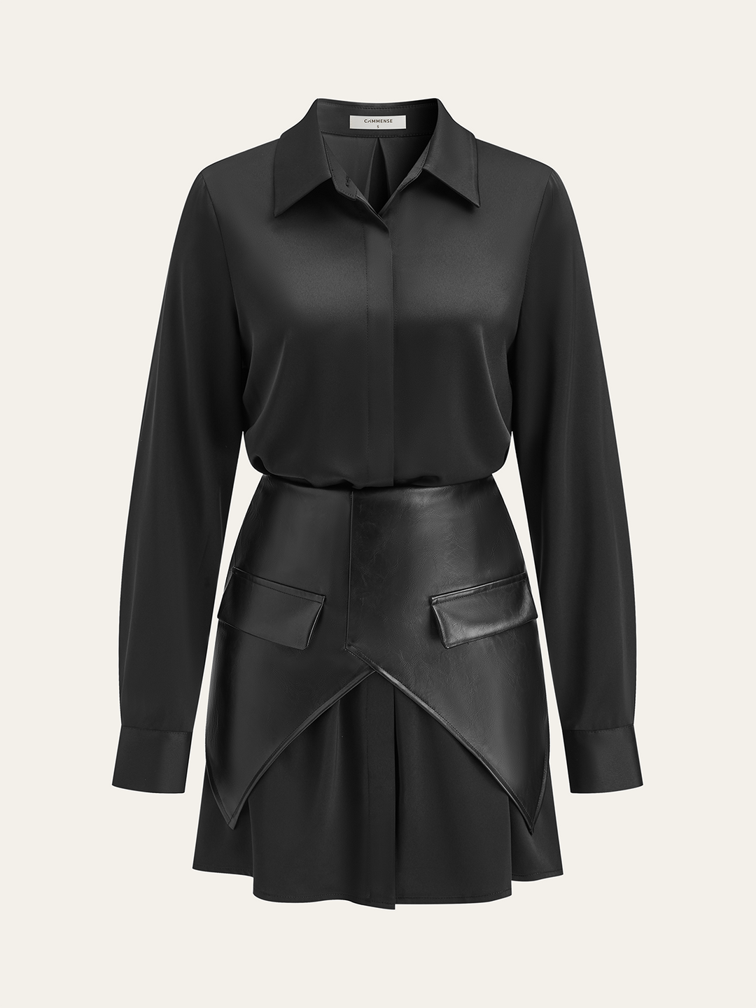 Robe Chemise Satinée avec Superposition en Similicuir