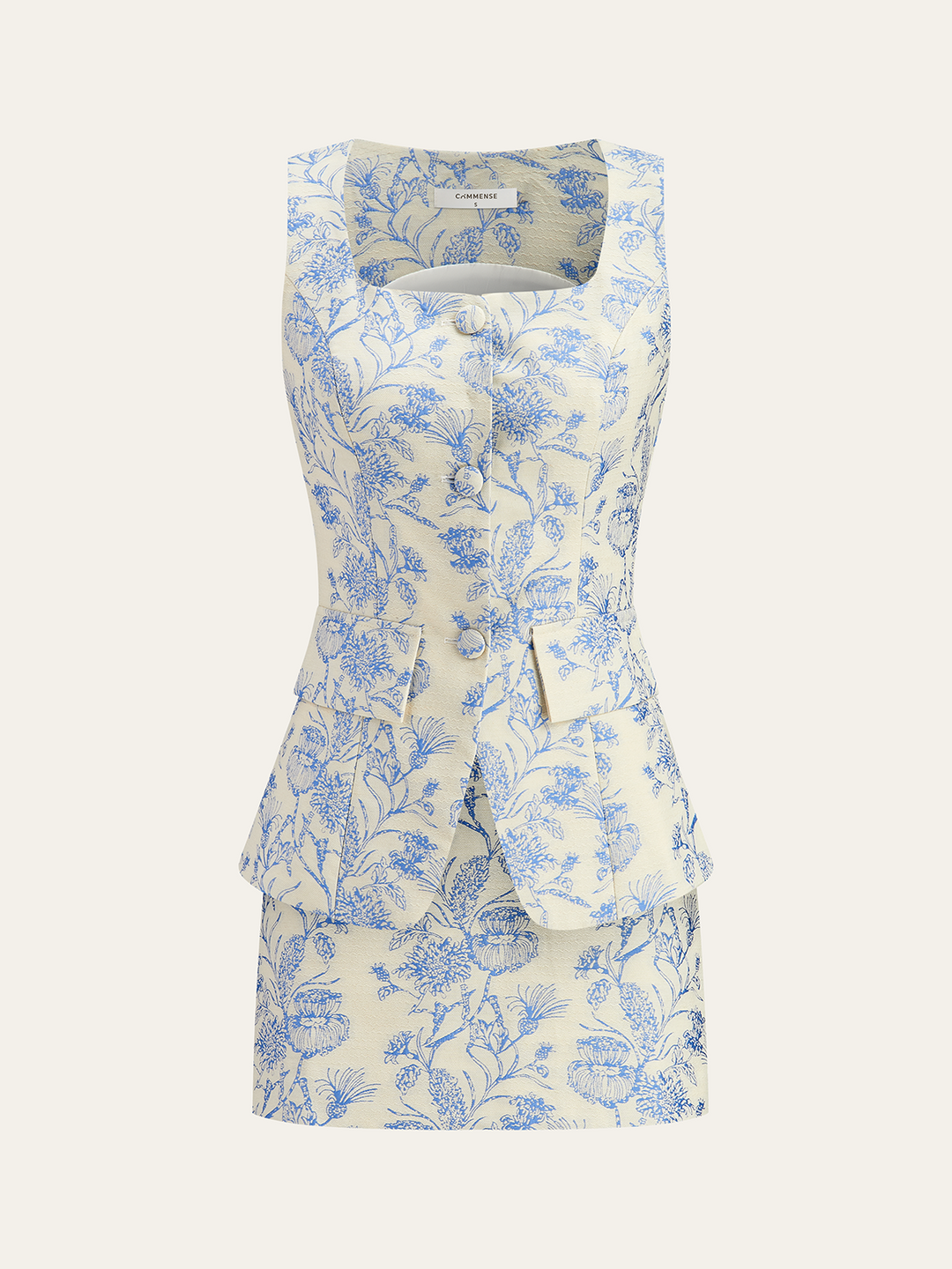 Ensemble Jupe Jacquard Col Carré Poches Décorées