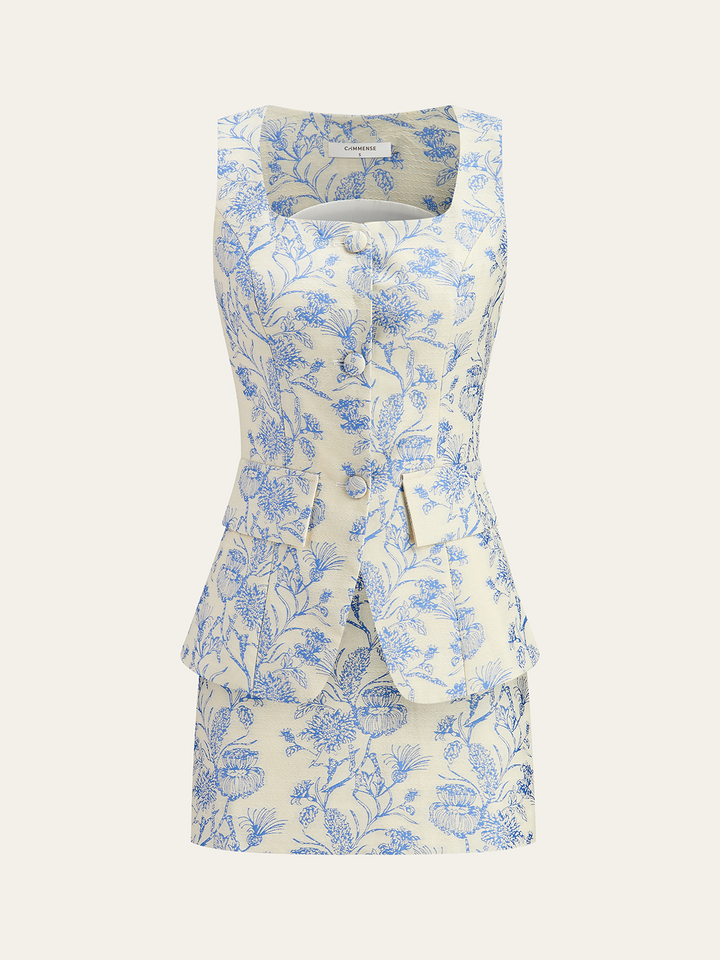 Ensemble Jupe Jacquard Col Carré Poches Décorées