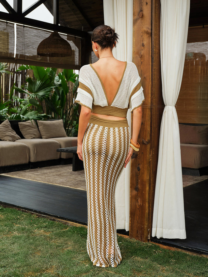 Ensemble jupe rayée au crochet avec ceinture à pompon