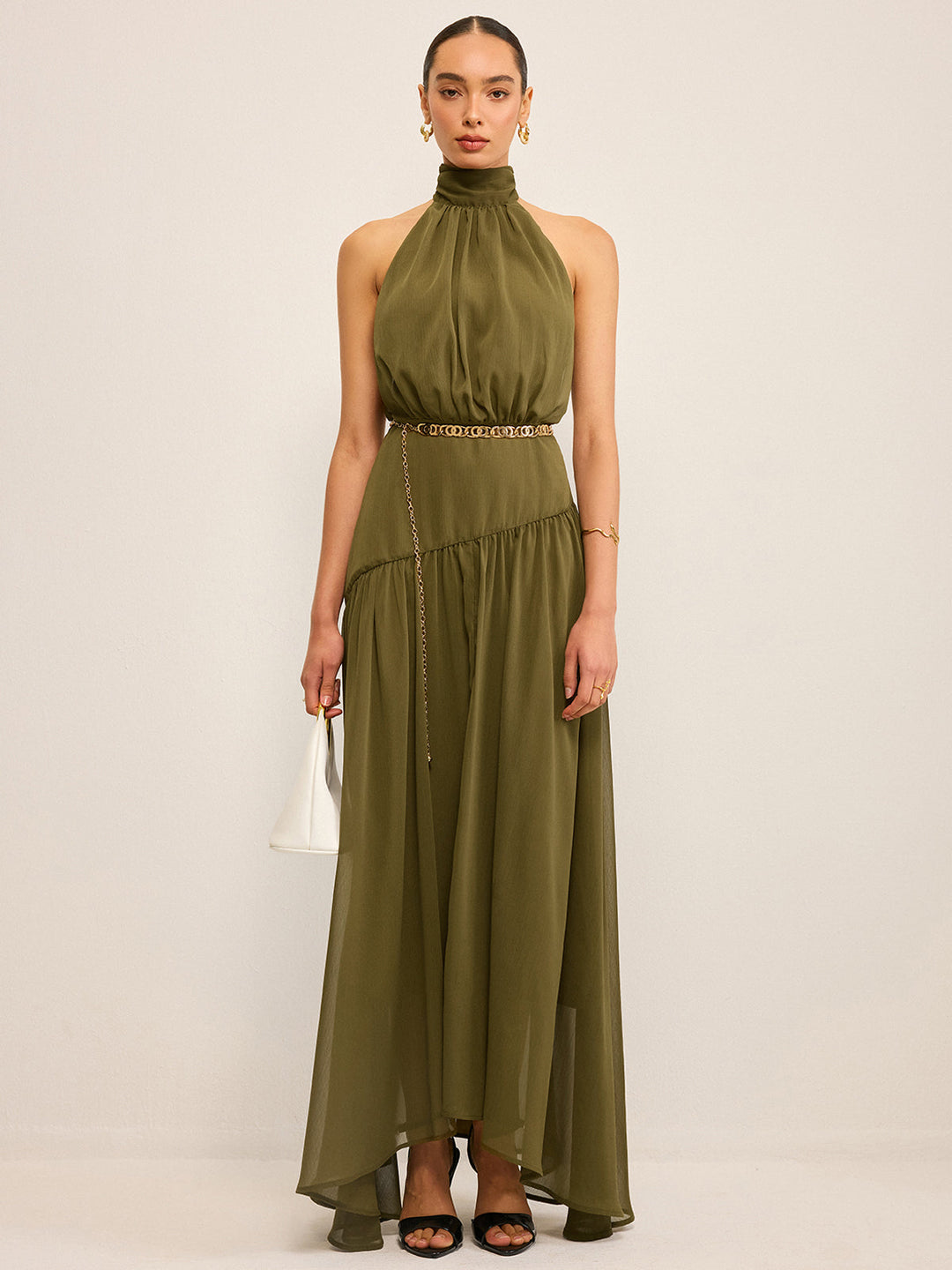 Robe Longue Semi-Transparente en Mousseline avec Col Montant et Nœud Arrière