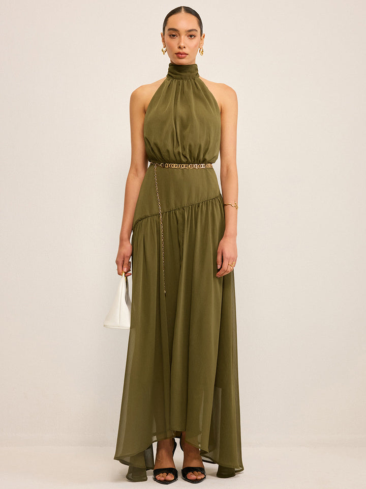 Robe Longue Semi-Transparente en Mousseline avec Col Montant et Nœud Arrière