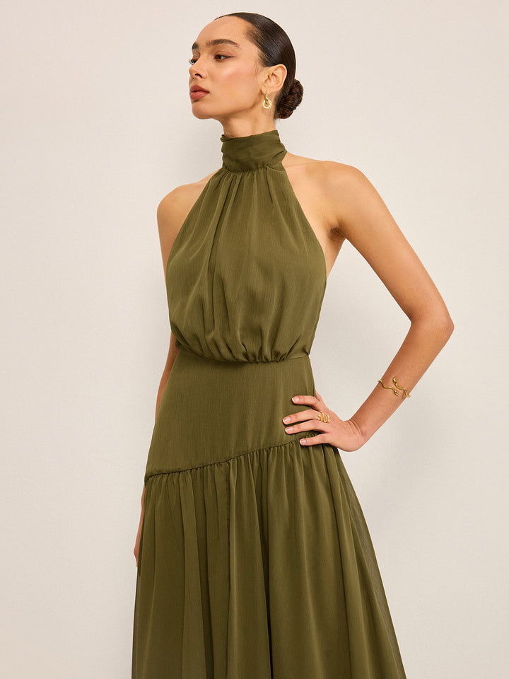 Robe Longue Semi-Transparente en Mousseline avec Col Montant et Nœud Arrière