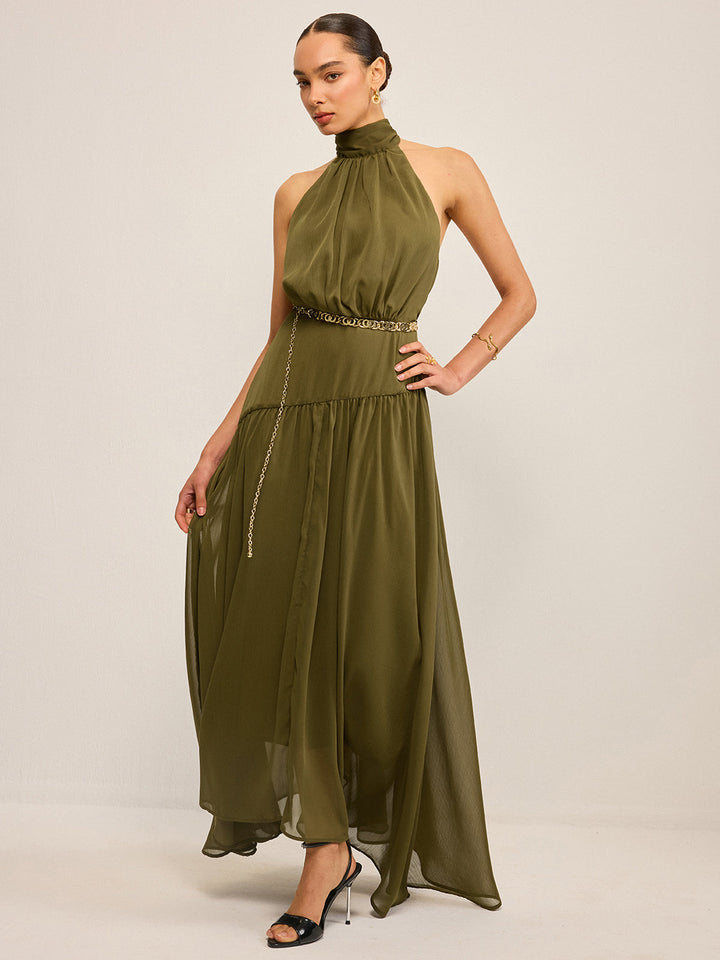 Robe Longue Semi-Transparente en Mousseline avec Col Montant et Nœud Arrière