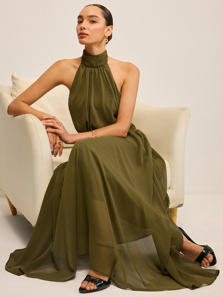 Robe Longue Semi-Transparente en Mousseline avec Col Montant et Nœud Arrière