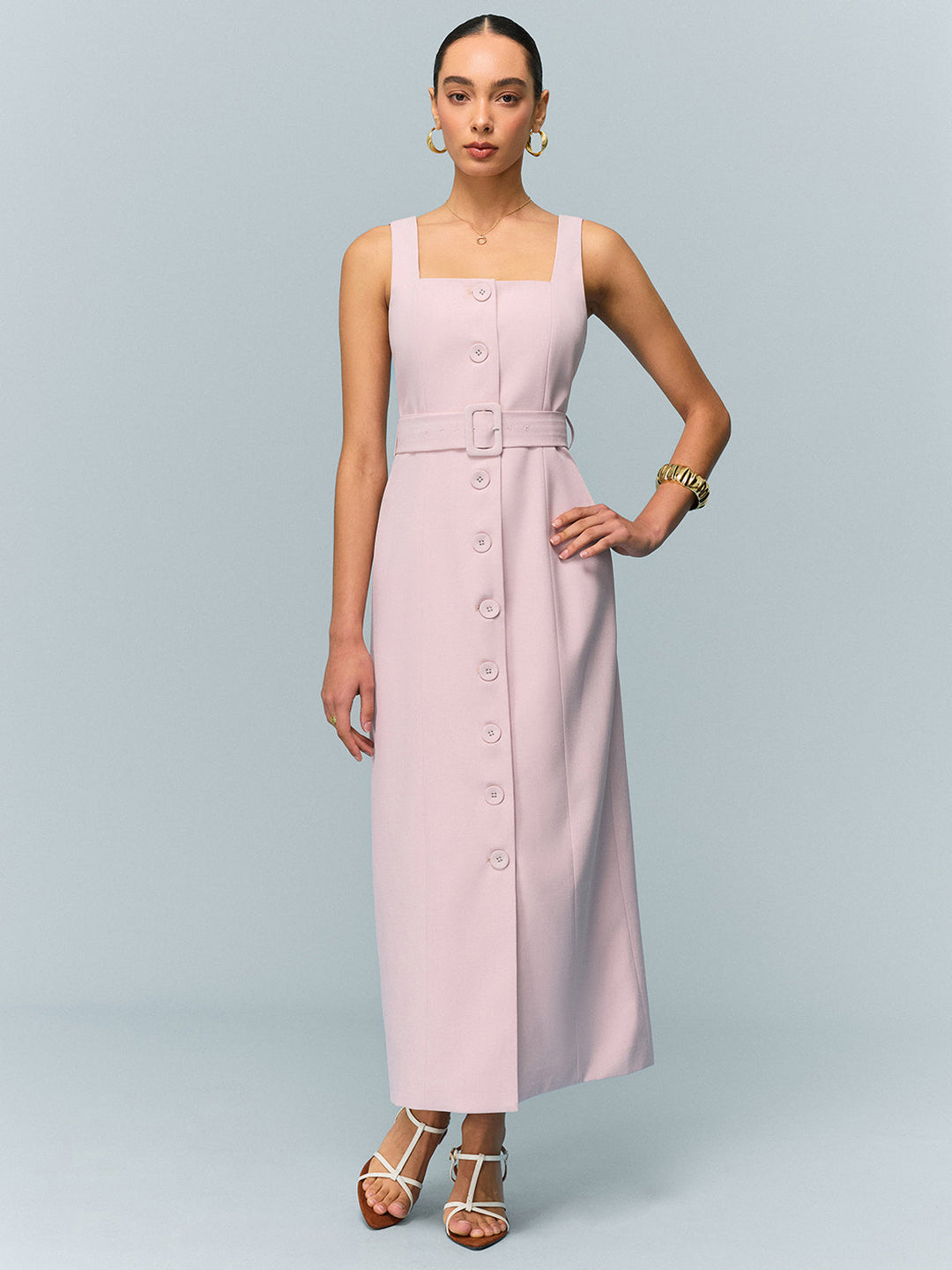 Robe Longue Ceinturée à Boutons