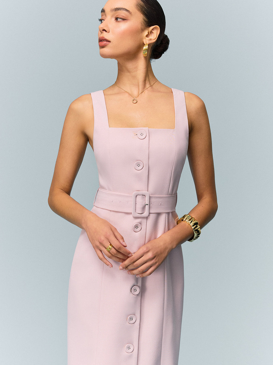 Robe Longue Ceinturée à Boutons