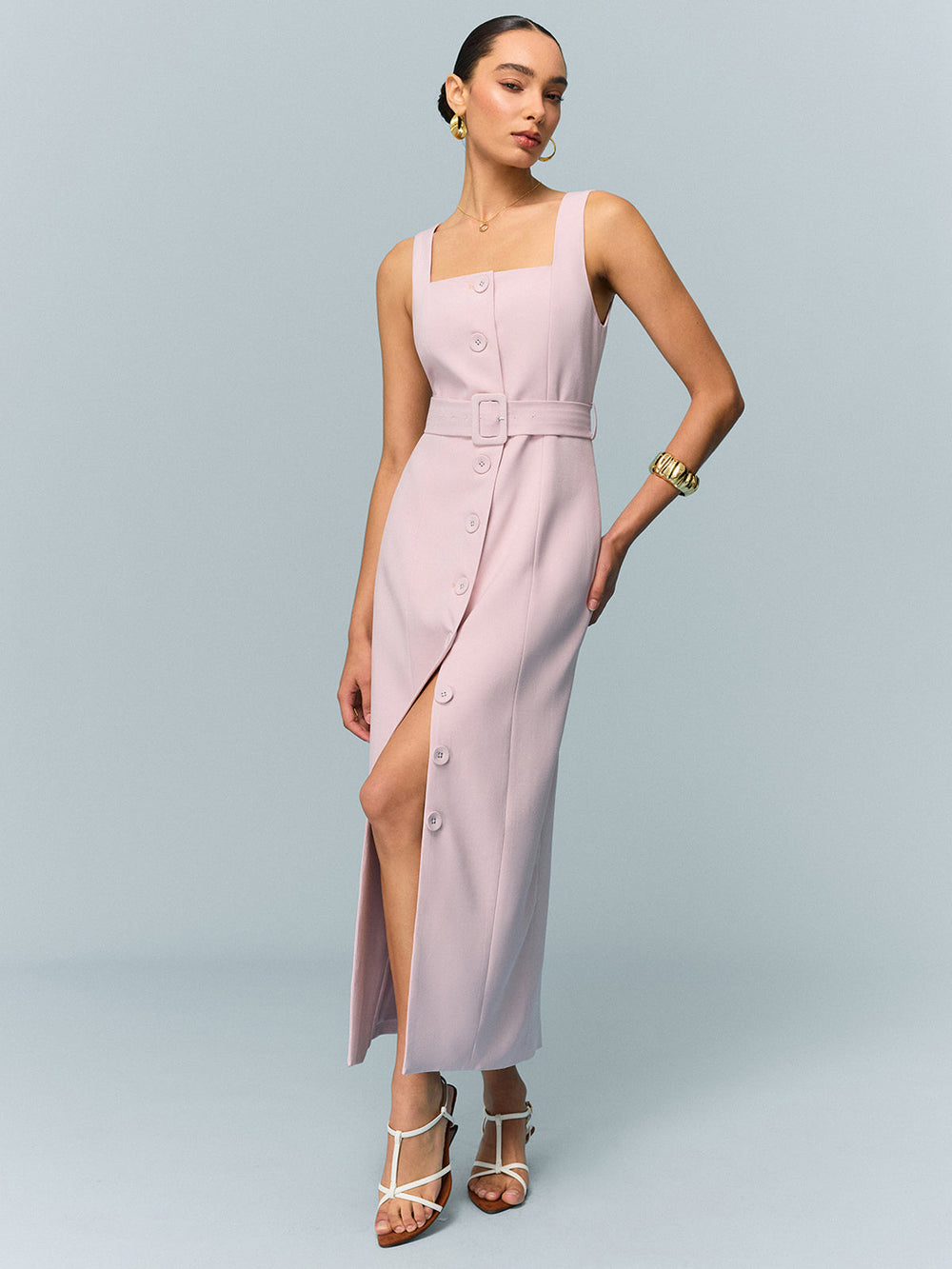 Robe Longue Ceinturée à Boutons