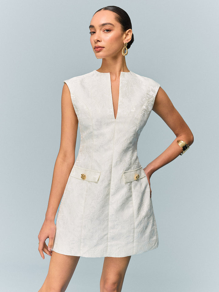 Robe Mini Texturée à Poche Boutonnée en Métal