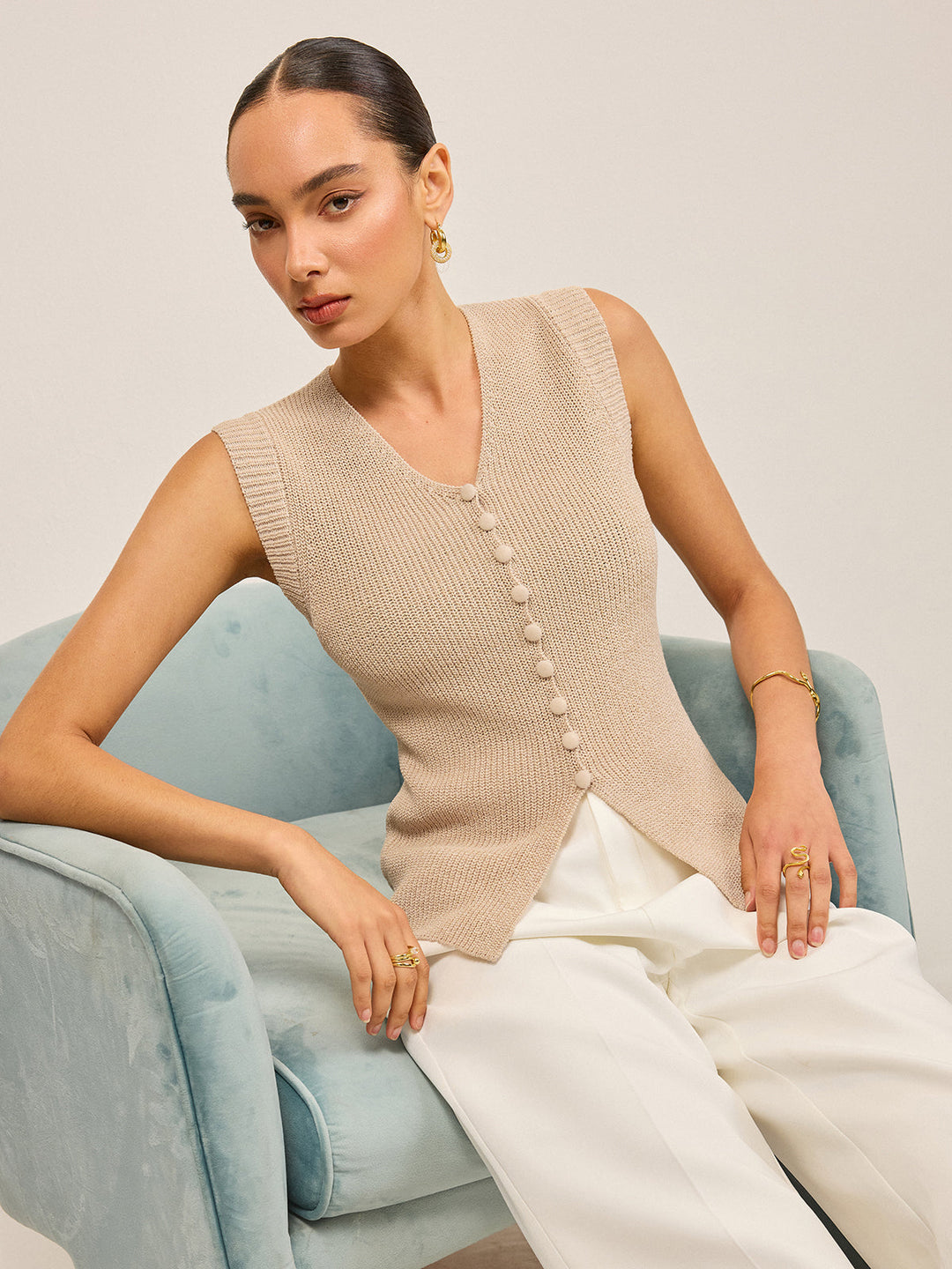 Gilet Boutonné Tricoté Col en V