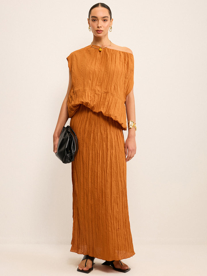 Ensemble Chemisier Off-Shoulder Texturé Oversized et Jupe Maxi