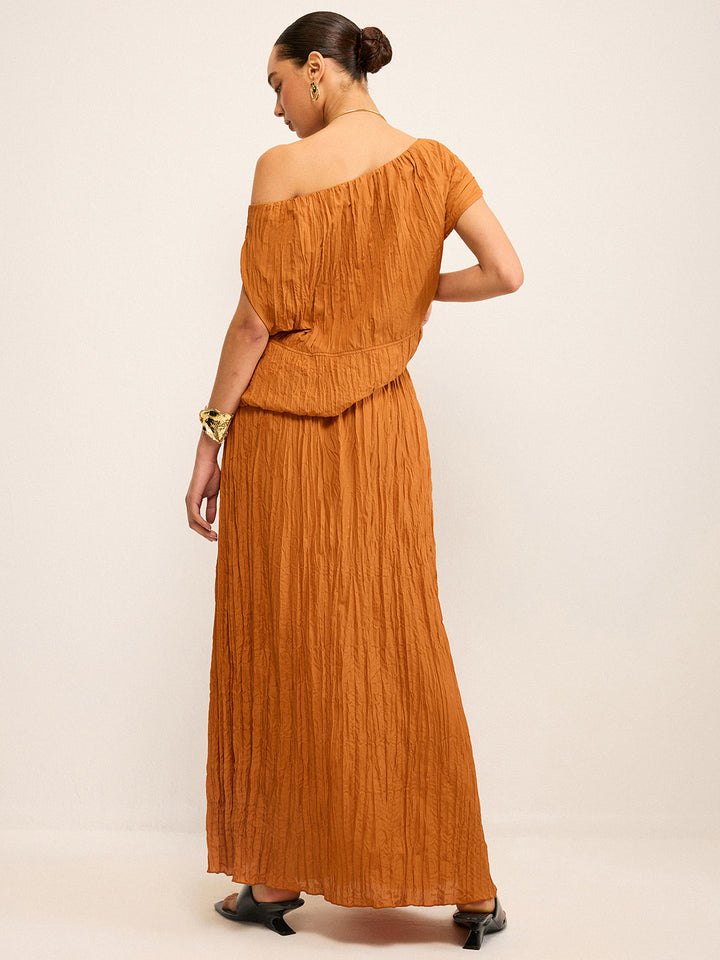 Ensemble Chemisier Off-Shoulder Texturé Oversized et Jupe Maxi