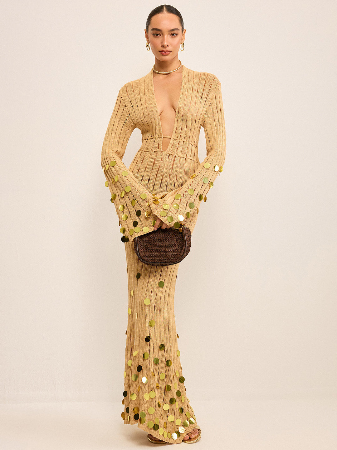Robe Maxi en Tricot avec Embellissements à Sequins