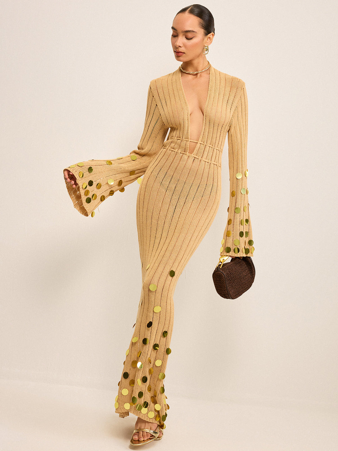 Robe Maxi en Tricot avec Embellissements à Sequins
