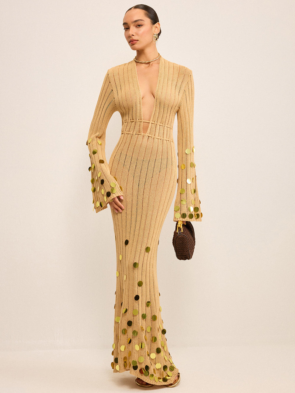 Robe Maxi en Tricot avec Embellissements à Sequins