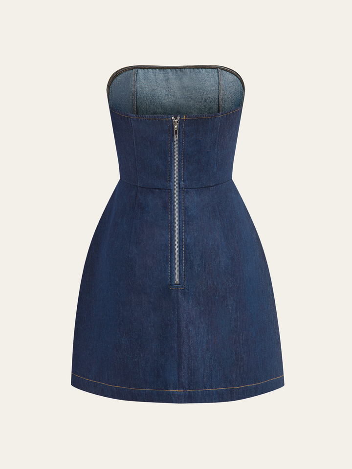 Robe Mini en Jean Sans Bretelles avec Poches Décoratives