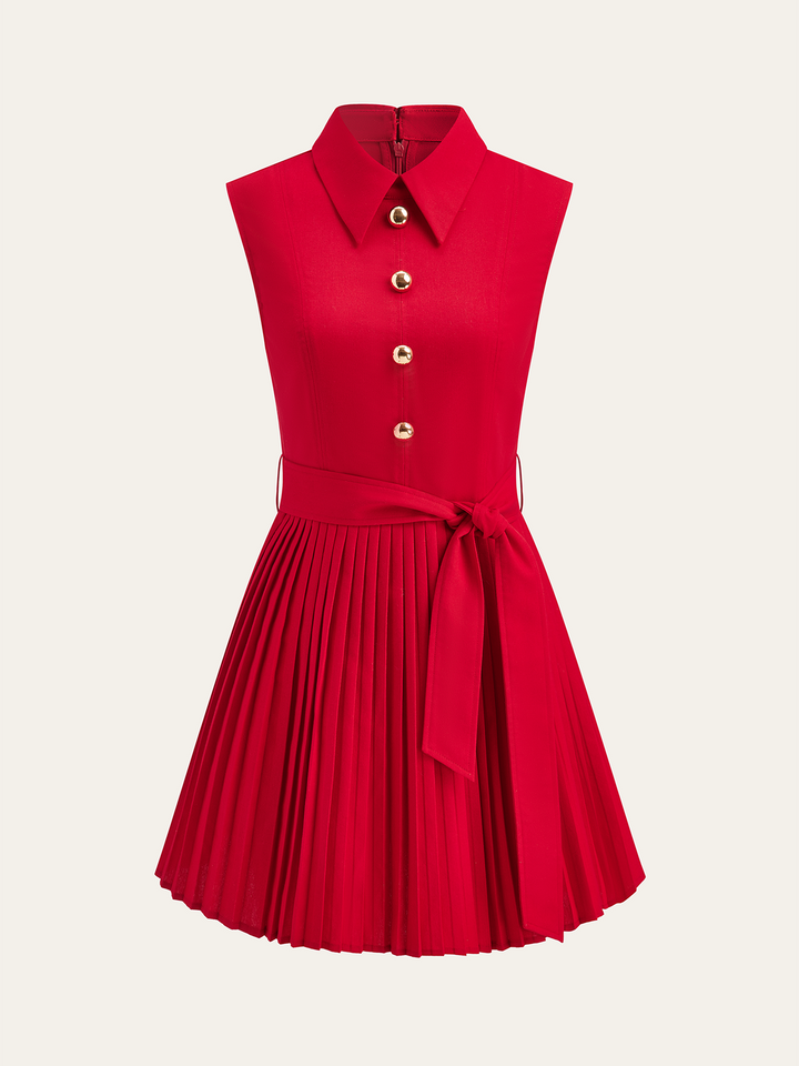 Robe patineuse mi-longue plissée à col chemise avec ceinture