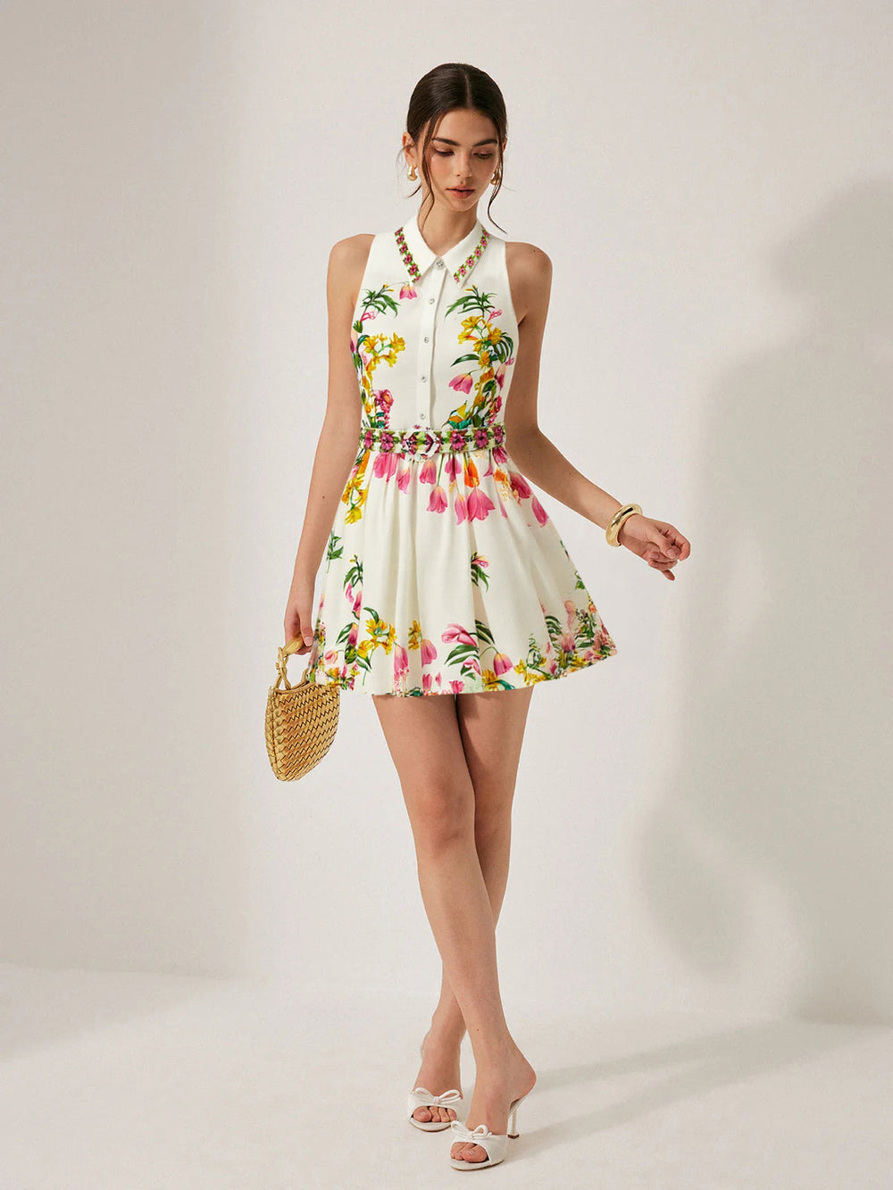 Robe Courte Ceinturée à Imprimé Floral