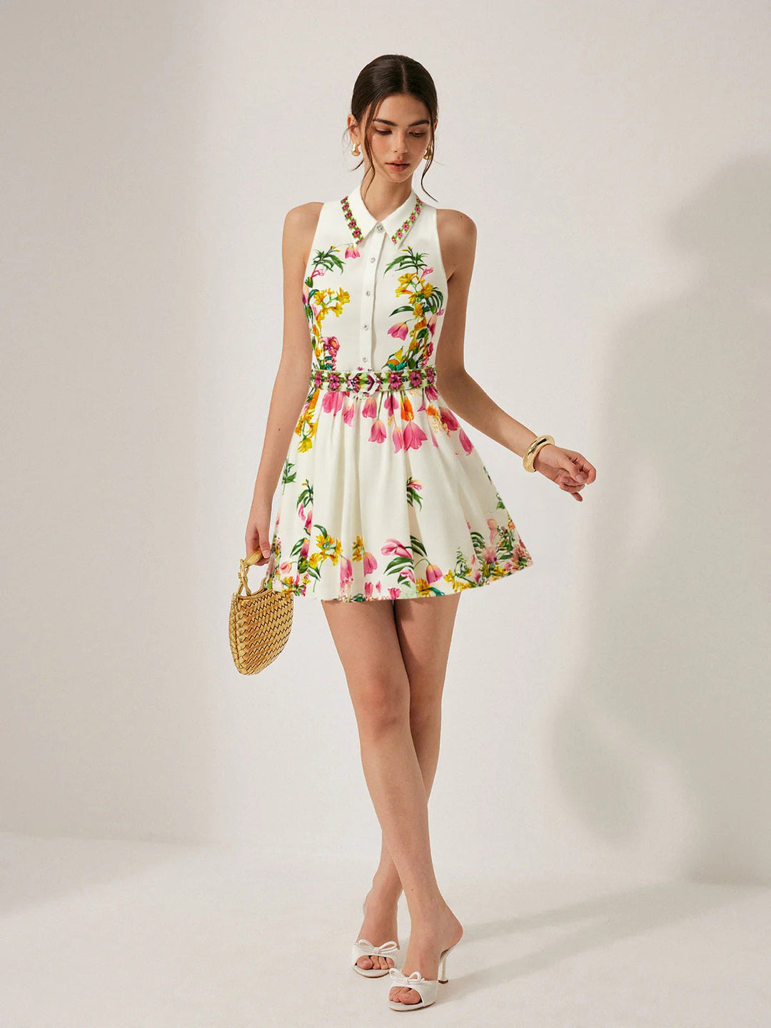 Robe Courte Ceinturée à Imprimé Floral