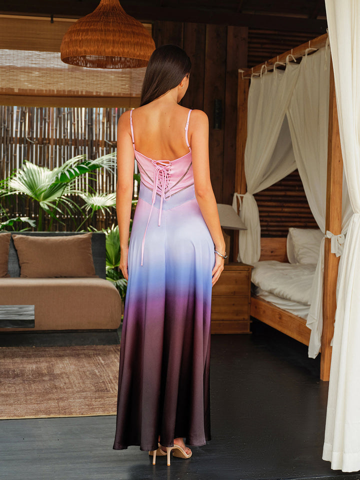Robe Longue Satin Tie-Dye Gradient à Bretelles Spaghetti avec Dos à Lacets