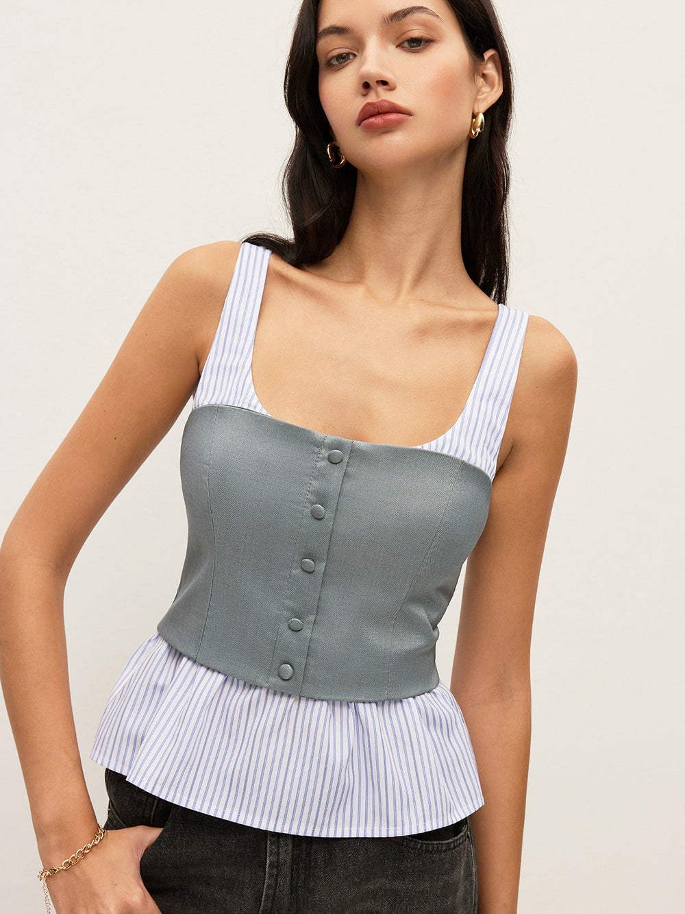 Haut Peplum Boutonné Rayé et Uni