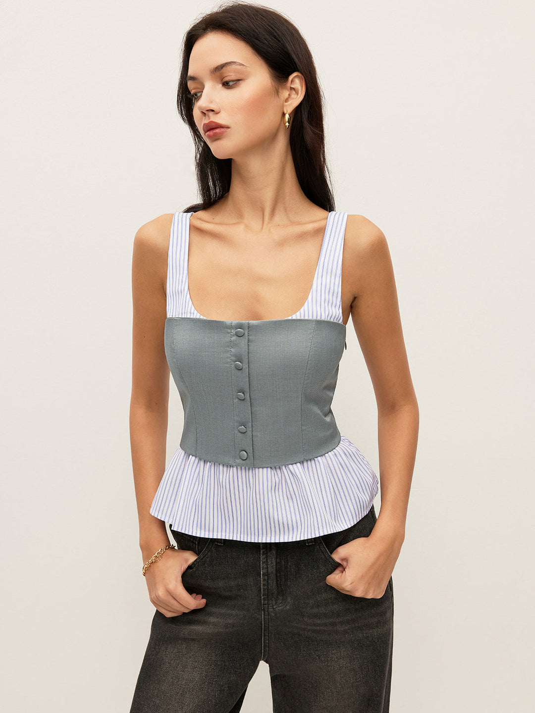 Haut Peplum Boutonné Rayé et Uni