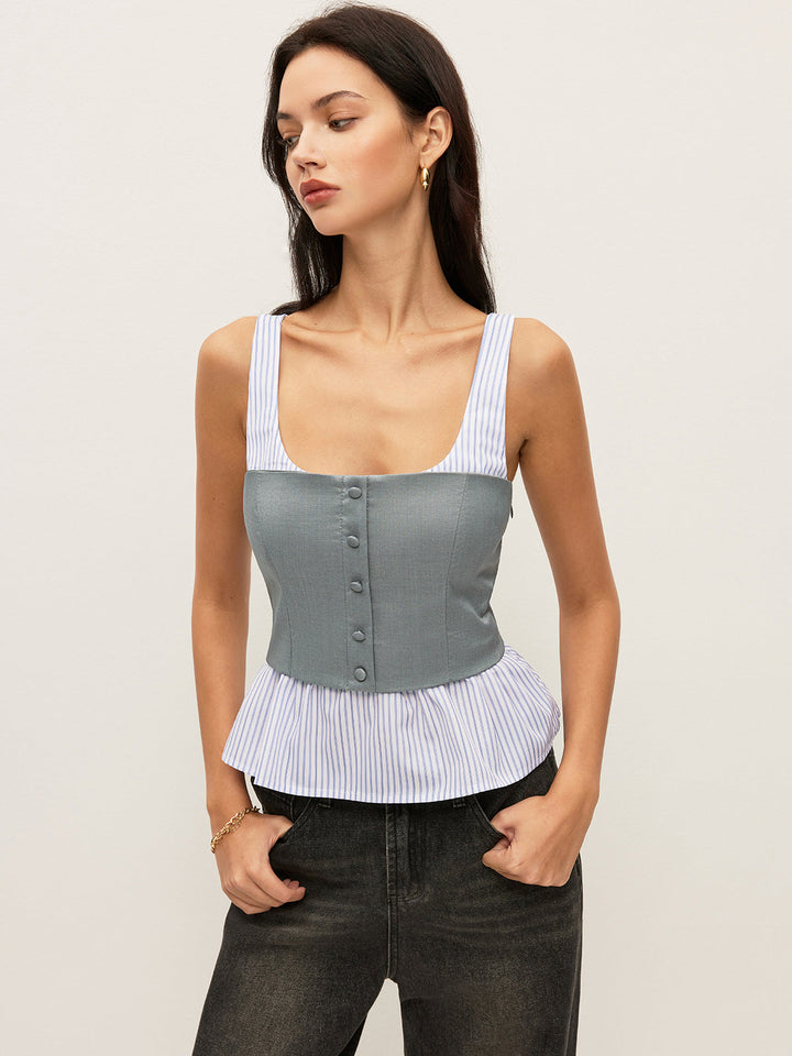 Haut Peplum Boutonné Rayé et Uni