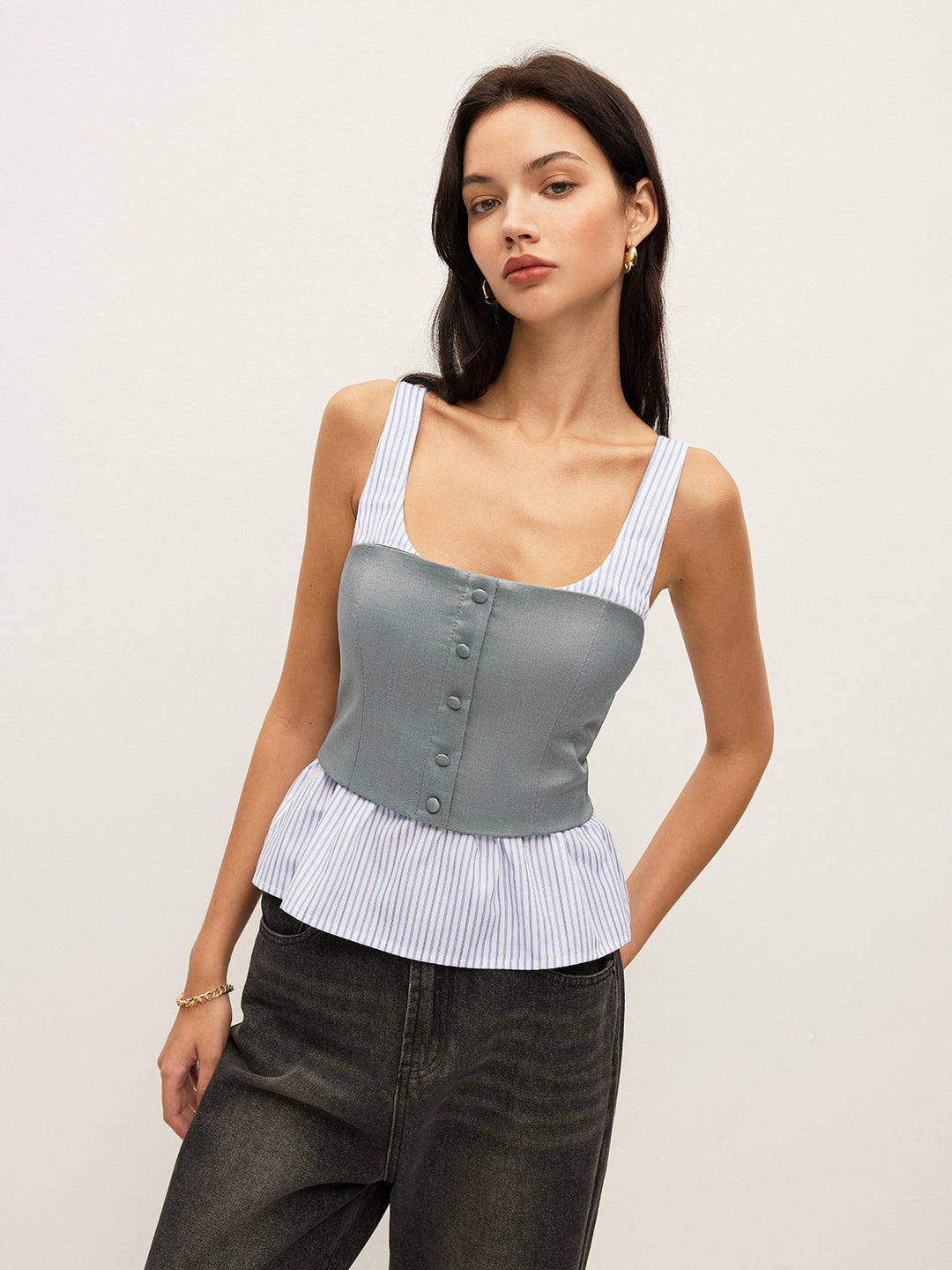 Haut Peplum Boutonné Rayé et Uni