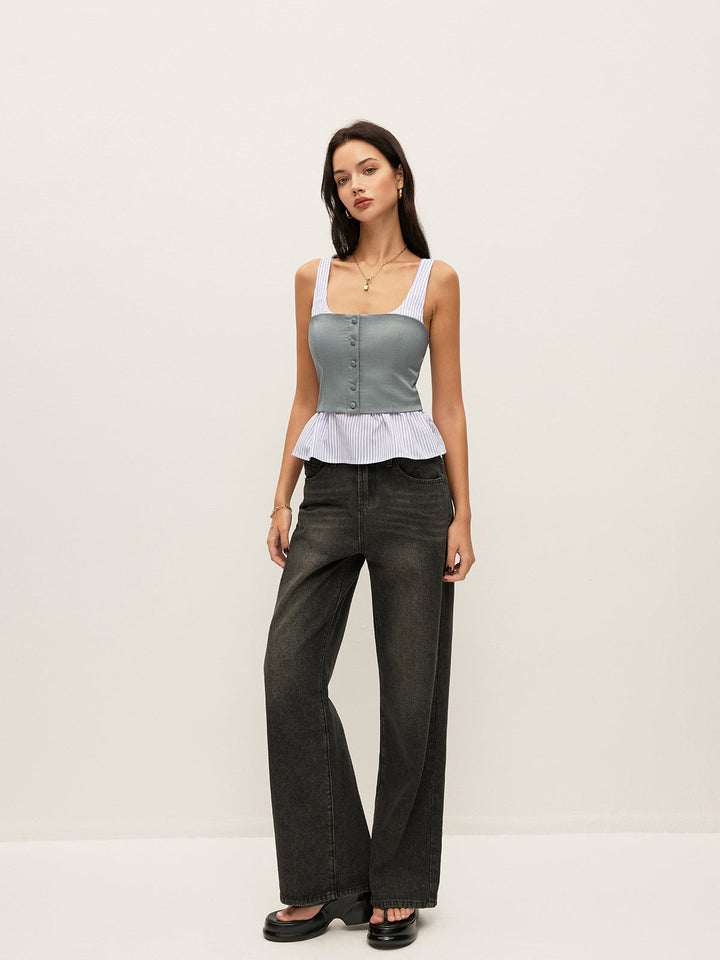 Haut Peplum Boutonné Rayé et Uni