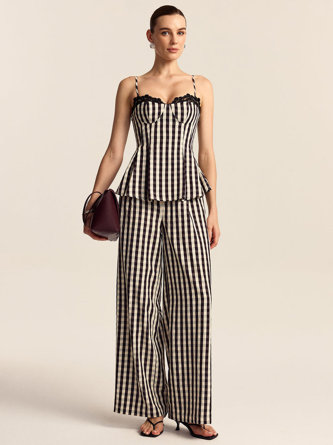 Top Peplum à Bretelles Spaghetti à Dentelle Gingham