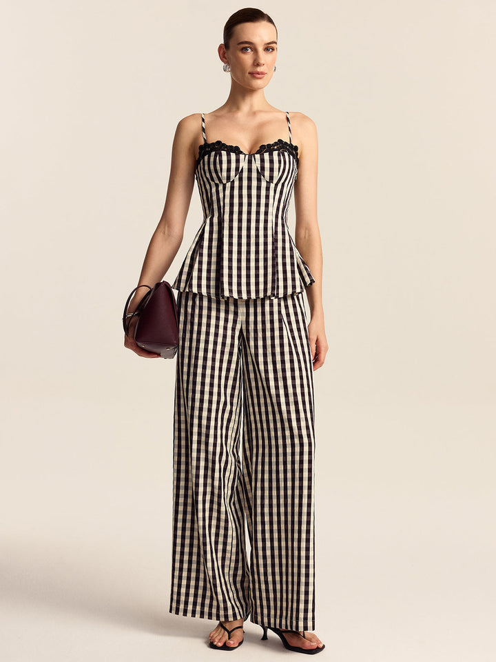 Top Peplum à Bretelles Spaghetti à Dentelle Gingham