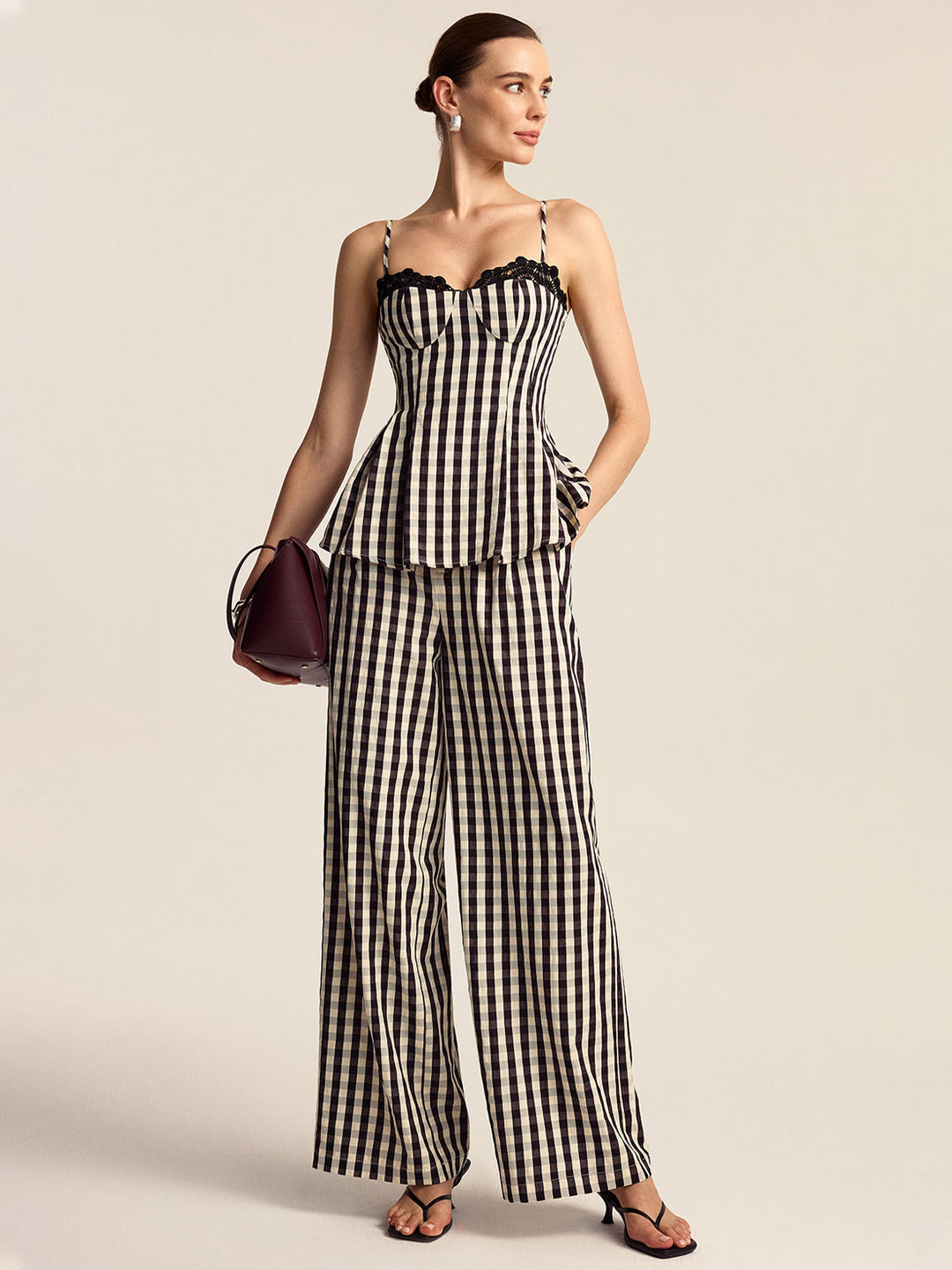 Top Peplum à Bretelles Spaghetti à Dentelle Gingham
