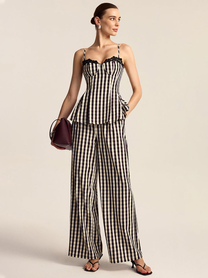 Top Peplum à Bretelles Spaghetti à Dentelle Gingham