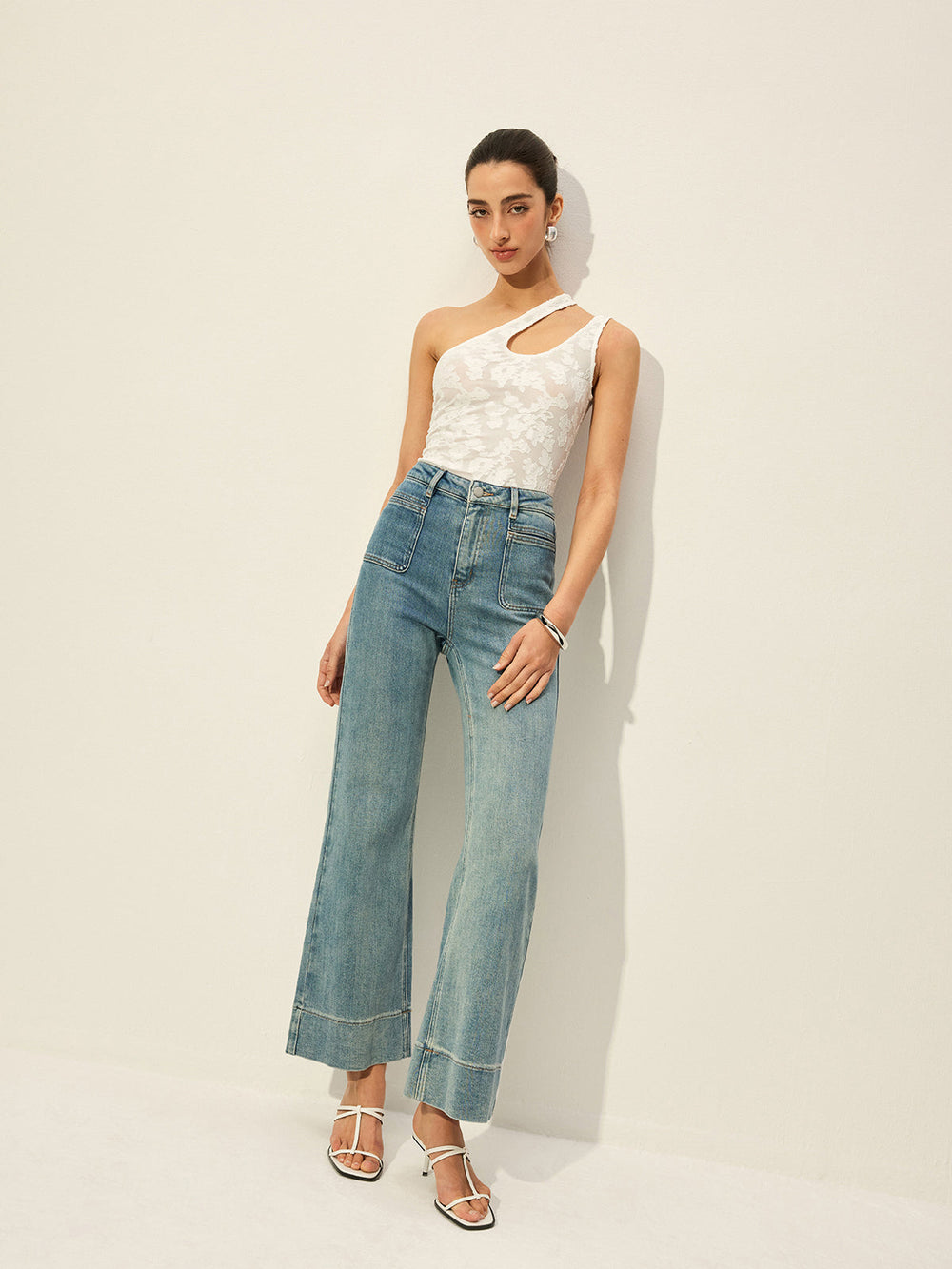 Pantalon Jean Taille Mi-Haute Avec Poches