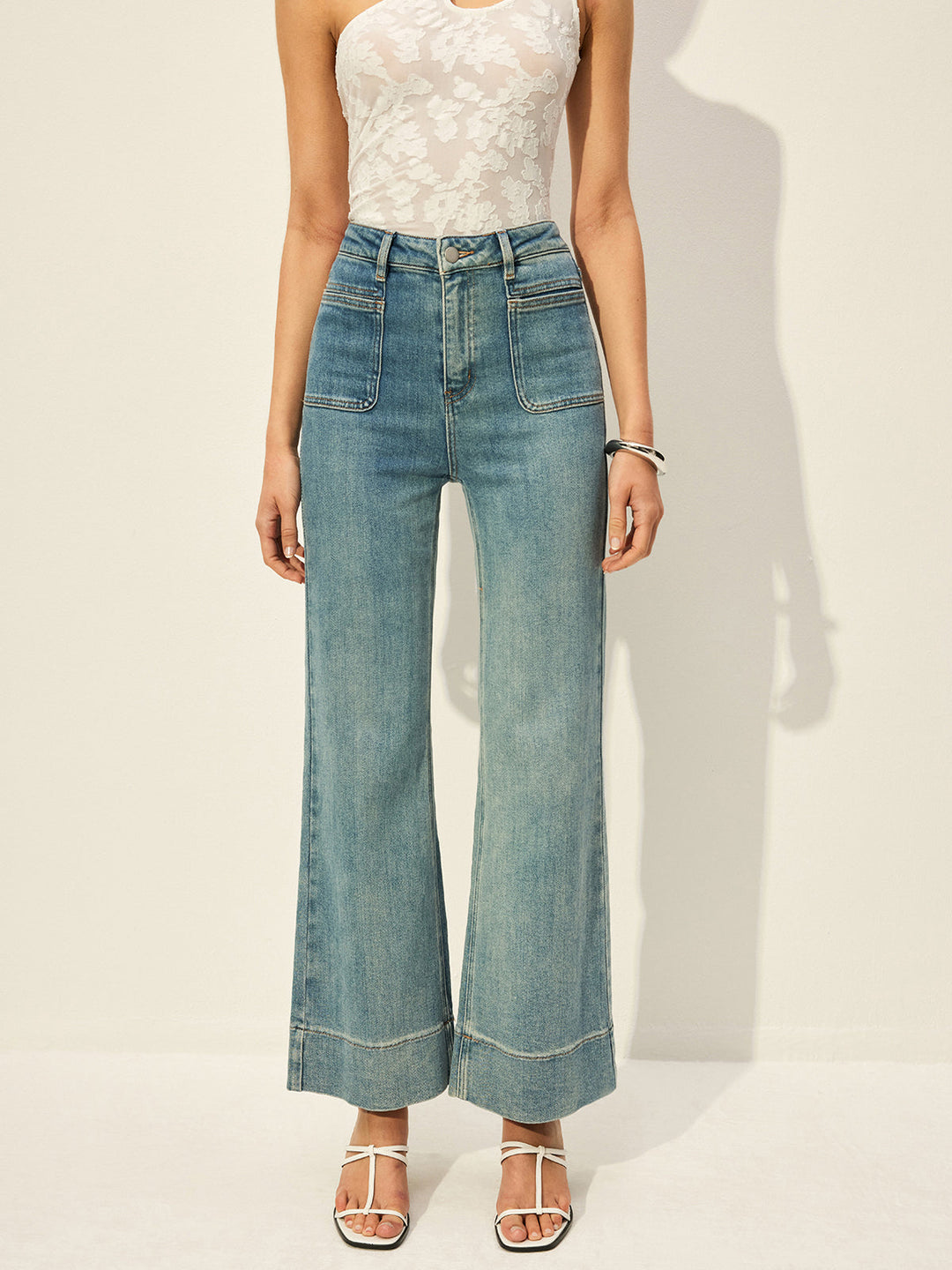 Pantalon Jean Taille Mi-Haute Avec Poches