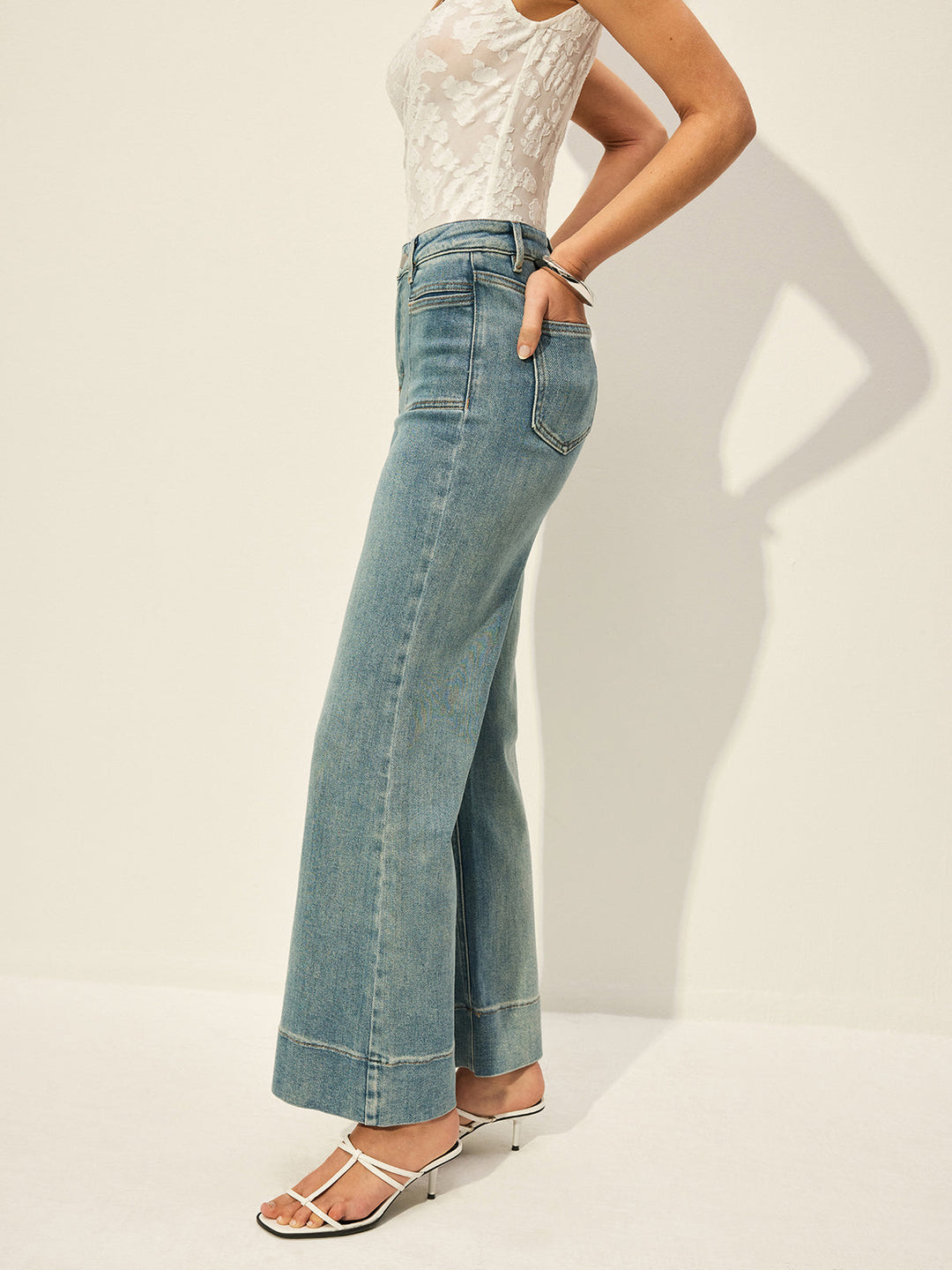Pantalon Jean Taille Mi-Haute Avec Poches