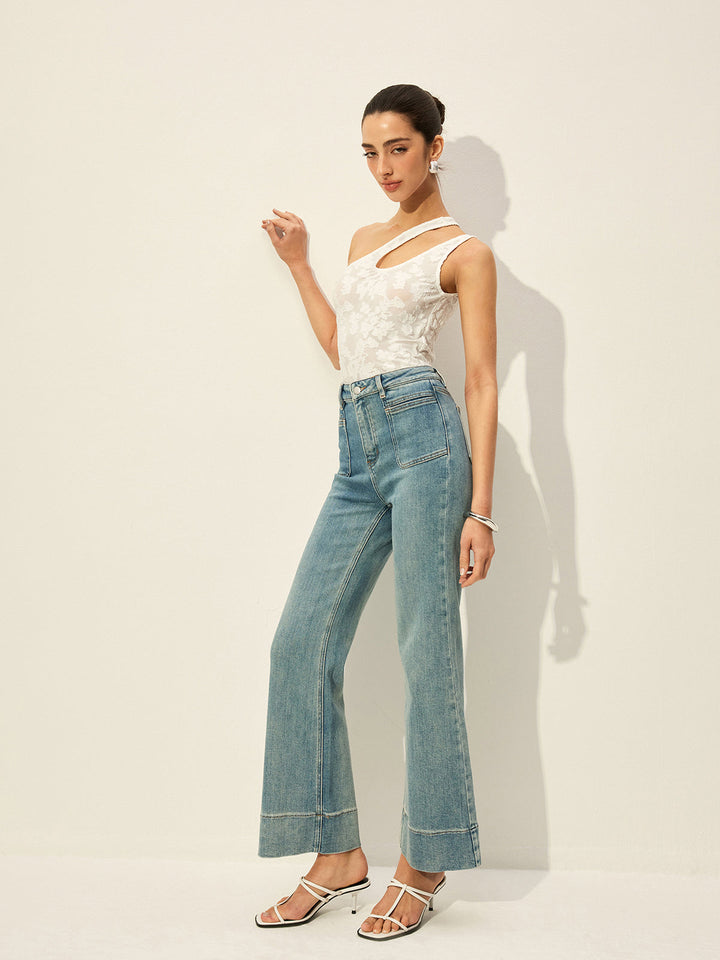 Pantalon Jean Taille Mi-Haute Avec Poches