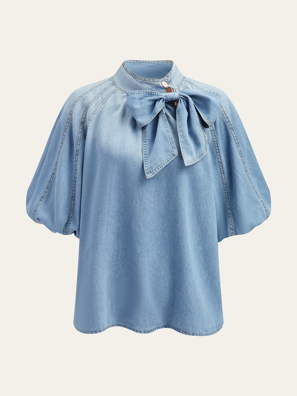 Top Manches Bouffantes En Denim Avec Détail Nœud