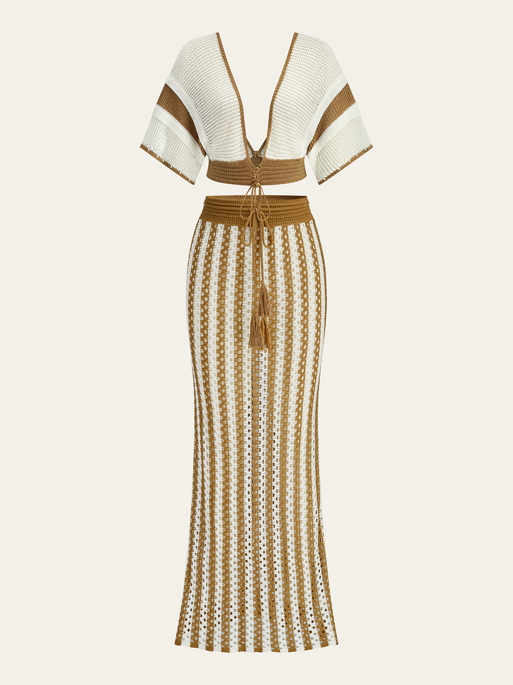 Ensemble jupe rayée au crochet avec ceinture à pompon