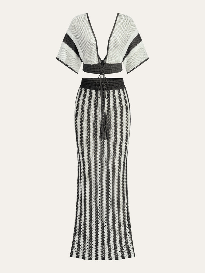 Ensemble jupe rayée au crochet avec ceinture à pompon