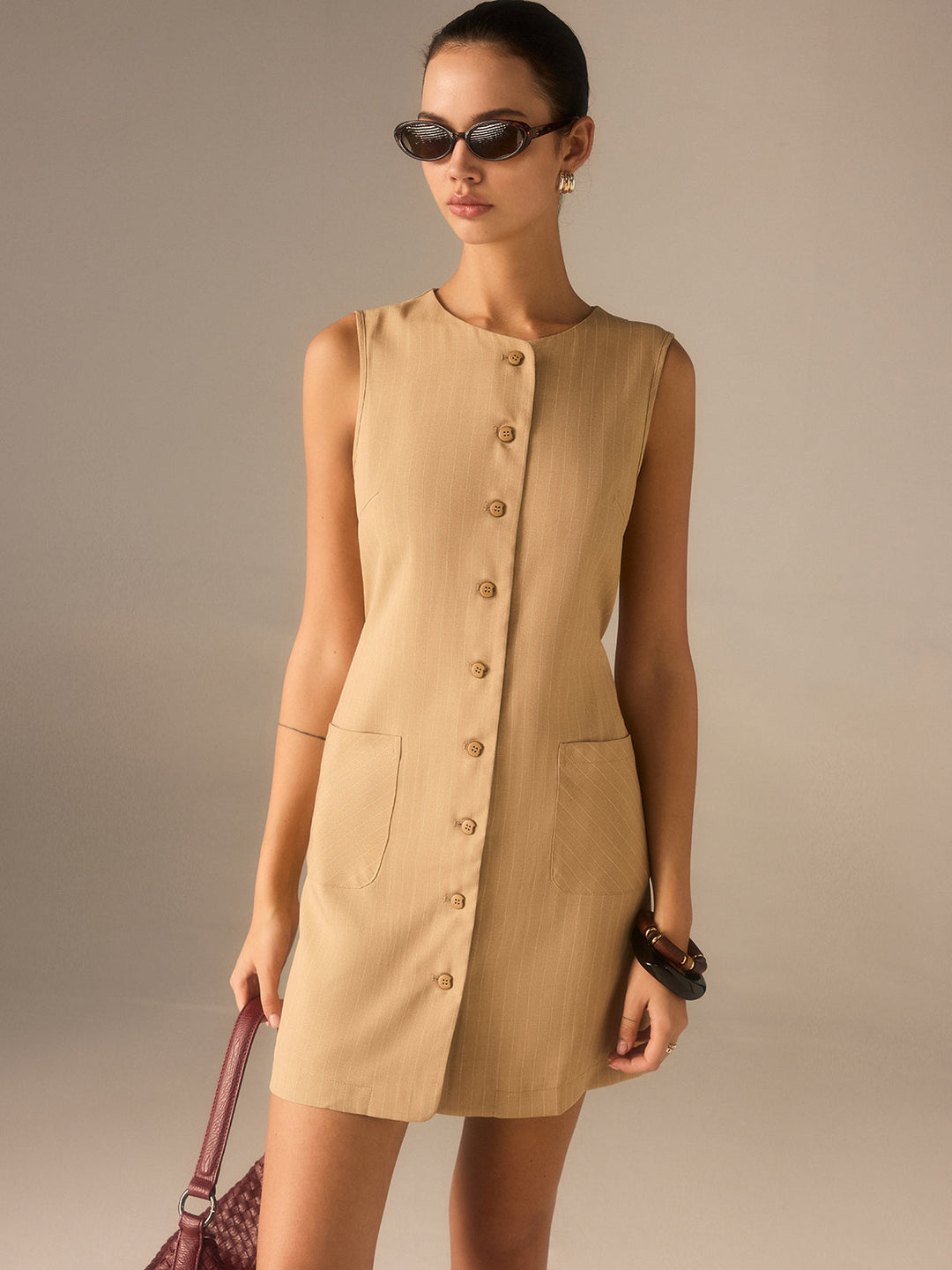 Robe Boutonnée en Mélange Coton avec Poches et Liens