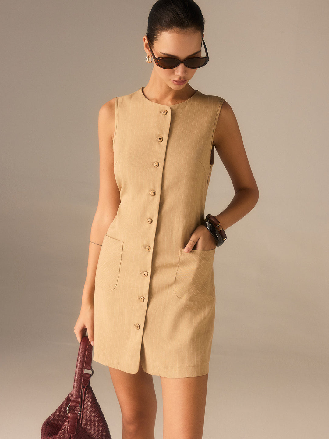 Robe Boutonnée en Mélange Coton avec Poches et Liens