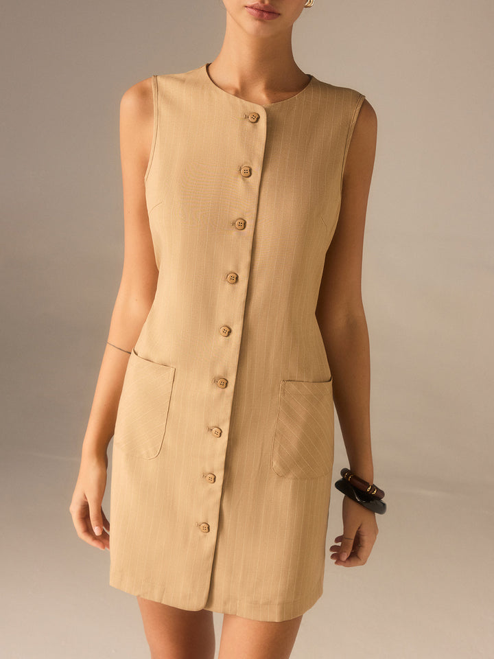 Robe Boutonnée en Mélange Coton avec Poches et Liens