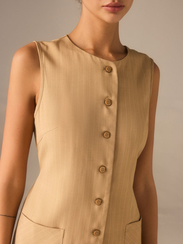 Robe Boutonnée en Mélange Coton avec Poches et Liens