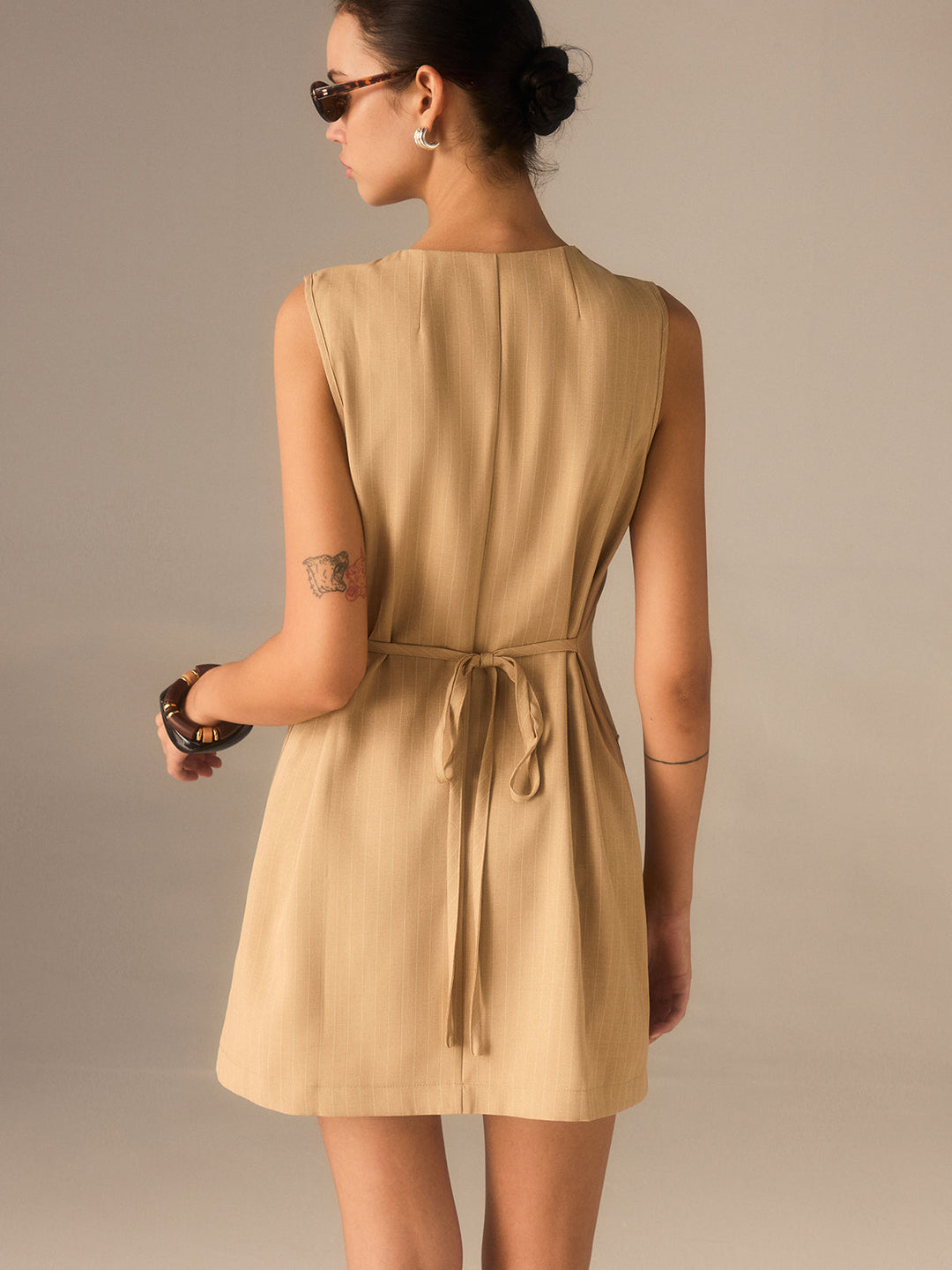 Robe Boutonnée en Mélange Coton avec Poches et Liens