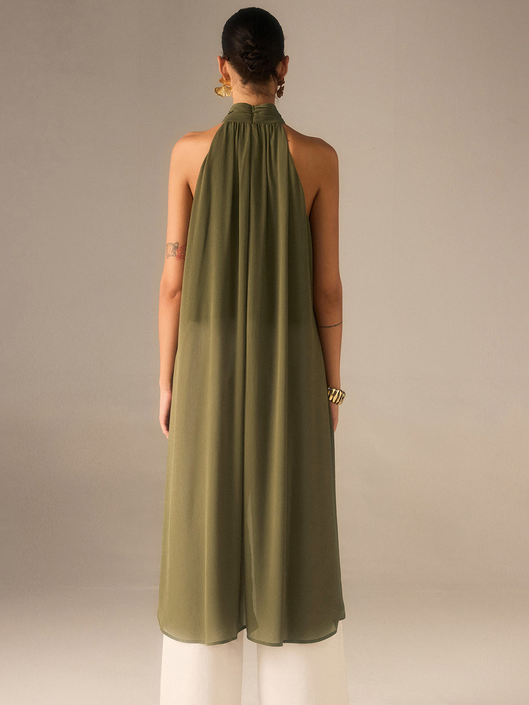 Haut Long Semi-Transparent à Colhalter en Mousseline