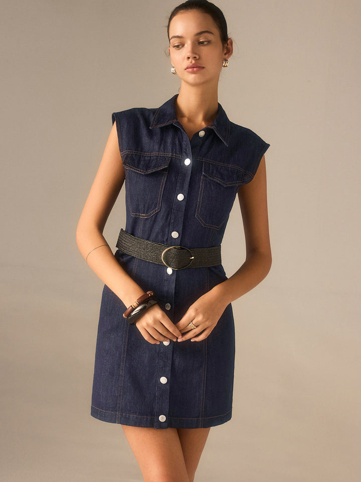 Robe décontractée sans manches à col et boutons en jean sans ceinture