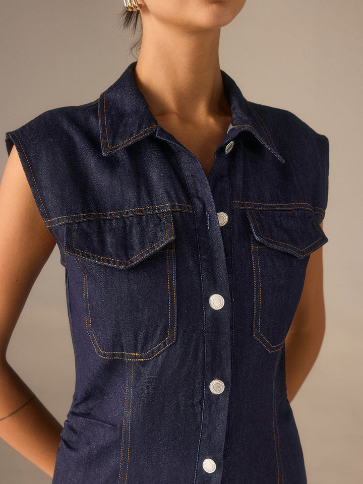 Robe décontractée sans manches à col et boutons en jean sans ceinture