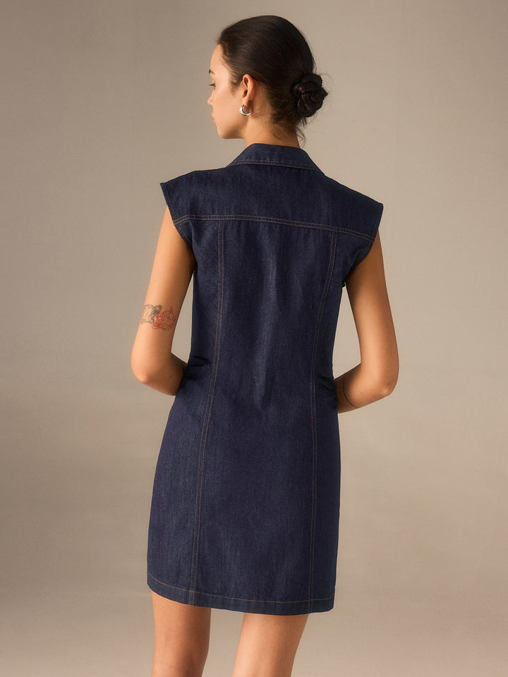 Robe décontractée sans manches à col et boutons en jean sans ceinture